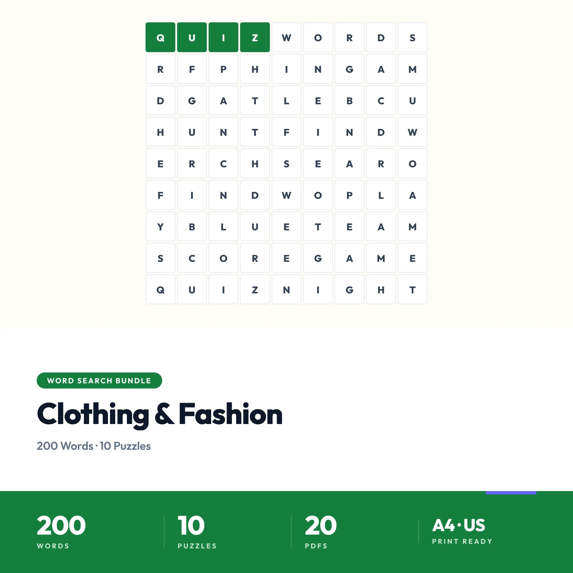 Clothing & Fashion | Printable Word Search | 10 Puzzles, 200 Words